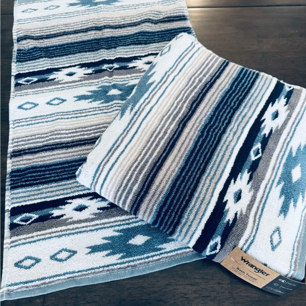 Wrangler 2-ct Western Aztec Blue Tan Tribal Boho Bath & Hand Towels Set